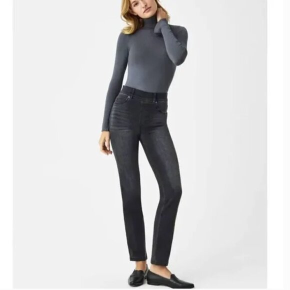 Spanx Straight Leg Jeans Washed Black size Large TALL - Picture 1 of 5